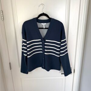 Spanx AirEssentials Navy Blue White Stripe Cardigan Sweater Button Front MEDIUM